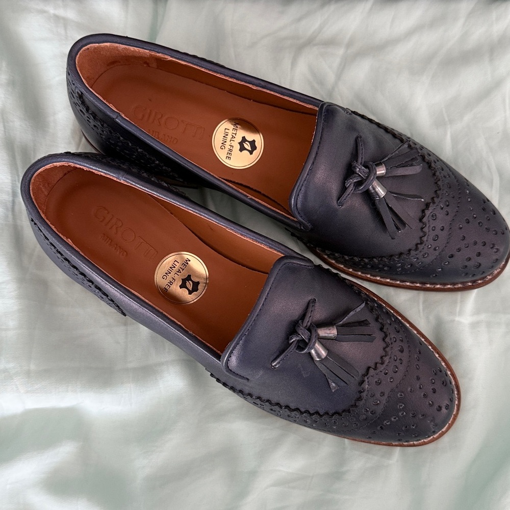 Girotti Navy Genuine Leather Loafers with Tassels